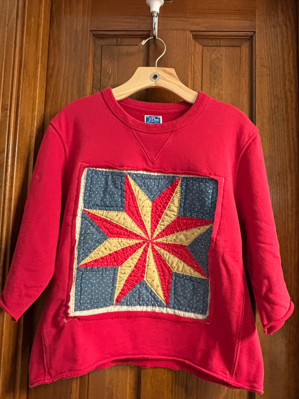 Vintage upcycled J Crew Heritage sweatshirt, with hand made quilt appliqué.